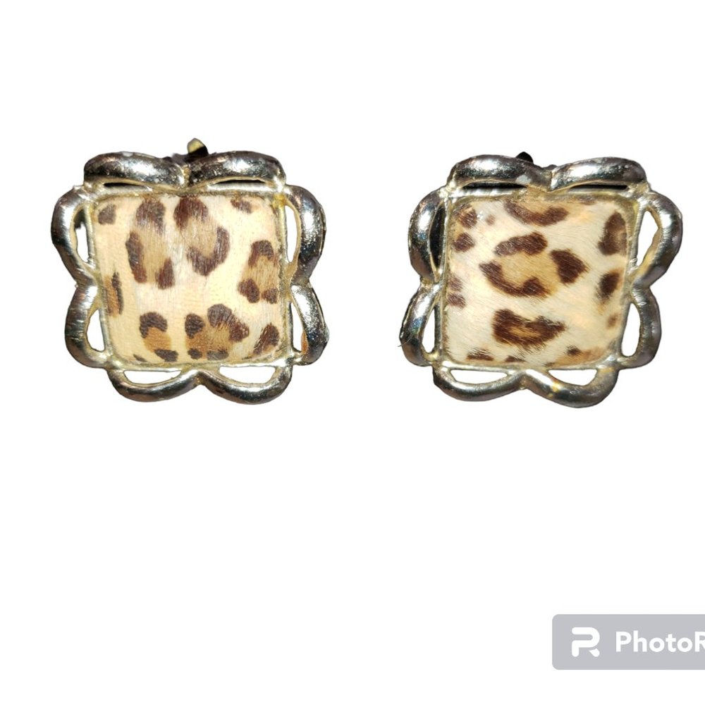 Vintage Animal Print Clip On Earrings Real Hide Silver Tone Metal 1" x 1" 1980s